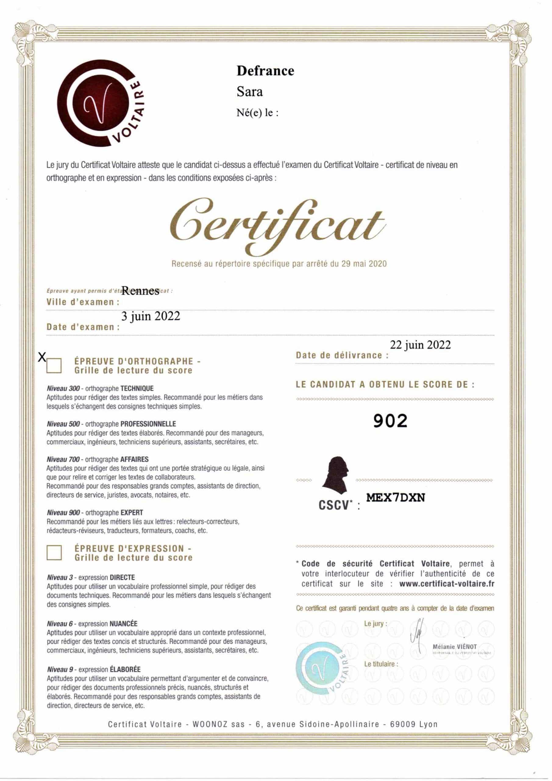 Certificat Voltaire Sara Defrance Correctrice